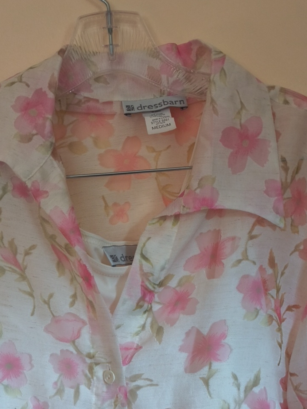 dressbarn Cream Blouse with Pink Floral Print